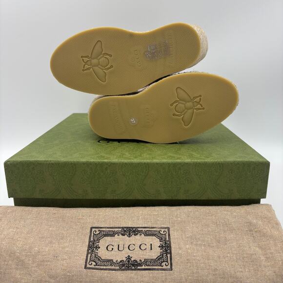 Gucci Canvas Grossgrain Embroidered Judit Ankle Wrap Platform Size 37 ✨ - Picture 4 of 5